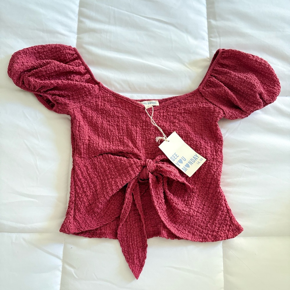 See You Monday Textured Puff Sleeve Blouse - Red